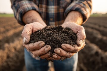 Farmer holds rich, dark soil in his hands, showing the texture. Use this for agriculture or environmental conservation concepts.