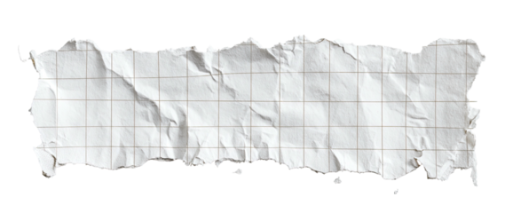 Isolated, rectangular torn piece of white graph paper with a jagged edge, crumpled and textured