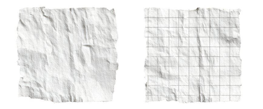 Two textured, irregular-edged paper squares, one blank and crumpled, the other gridded and weathered