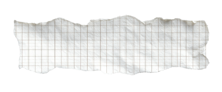 A ragged piece of graph paper with torn edges against a black background, wrinkled and aged