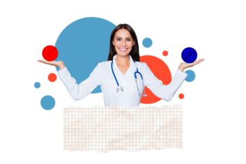 Creative picture collage young smiling nurse doctor holding two pills decide choose red blue medical healthcare treatment