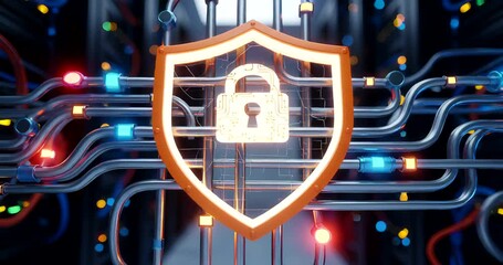 Digital security shield surrounded by colorful data cables in a server room - Powered by Adobe