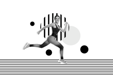 Composite collage picture image of young sportswoman running sprint have fun fitness weight loss bizarre unusual fantasy billboard comics
