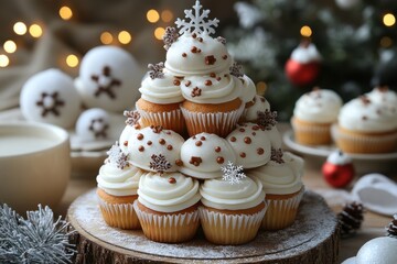 White frosted cupcakes with chocolate decorations.