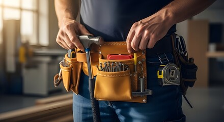 Professional carpenter wearing a tool belt filled with hand tools and construction gear, ready for woodworking or renovation project, representing craftsmanship, skill, and manual labor