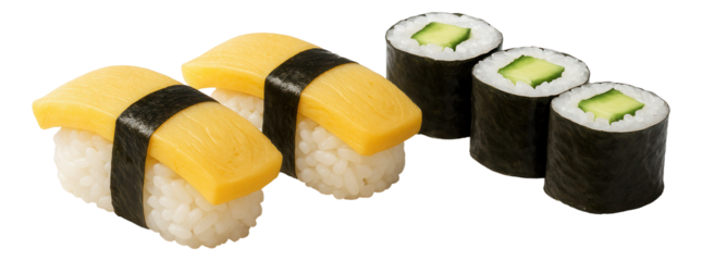 Sweet potato tempura uramaki with a crunchy sweet potato center, topped with a sesame seed sprinkle on a glass plate.