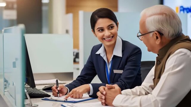 Young Indian Female Banker Assisting Senior Male Client with Financial Paperwork