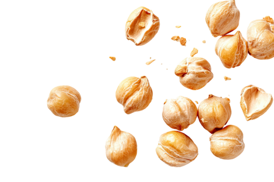 Overhead shot of scattered, shelled legumes against a solid black background, some cracked open