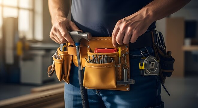 Professional carpenter wearing a tool belt filled with hand tools and construction gear, ready for woodworking or renovation project, representing craftsmanship, skill, and manual labor