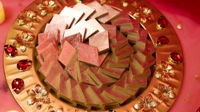 Kaju katli beautifully plated with a festive decorated background 