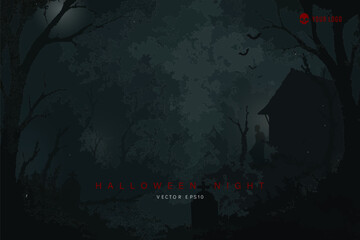 Dark horror spooky forest with haunted house silhouette, Halloween background, vector illustration