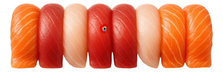 Shrimp and avocado uramaki with a delicate avocado topping, arranged neatly on a bamboo sushi serving board.