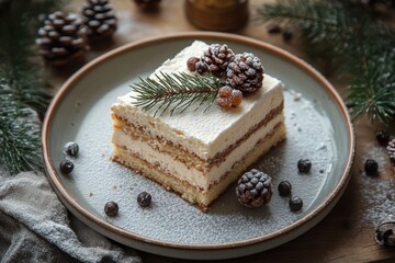 Piece of cake on a plate, adorned with pine and pinecone.