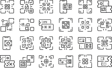 Qr Code And Digital Scanning Symbol  Outline set. qr,code,barcode,scanner,label,digital,mobile,tracking,marketing,payment,symbol, Icon On White Background .