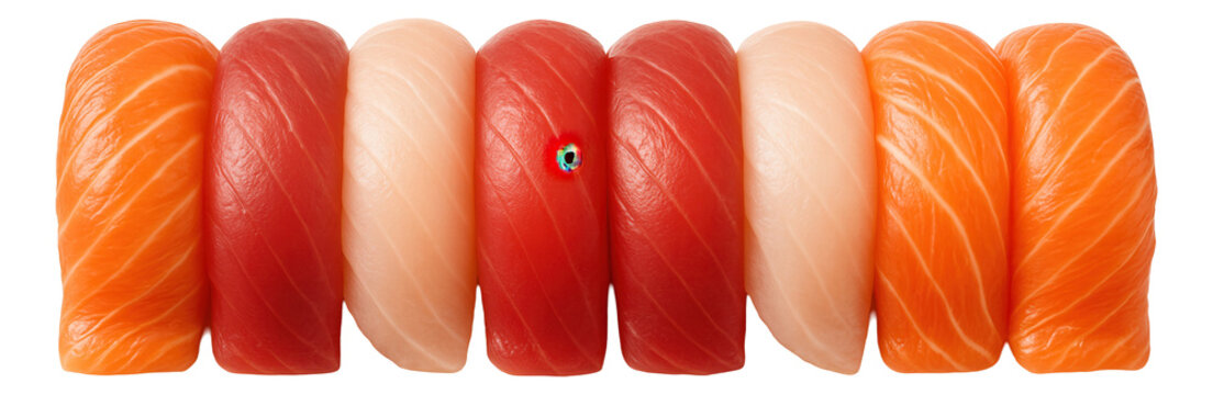 Shrimp and avocado uramaki with a delicate avocado topping, arranged neatly on a bamboo sushi serving board. - Powered by Adobe