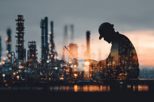 Silhouette of engineer with oil refinery double exposure. Depicts industry, oil, gas, and energy, showing progress.