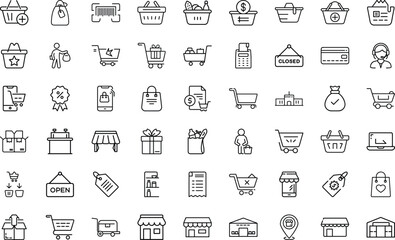 Shopping Store And Retail Commerce Symbols Outline set. shopping,store,cart,market,shop,goods,buyer,purchase,bag,retail,commerce,consumer,discount,sale,order Vector Icon On White Background. 