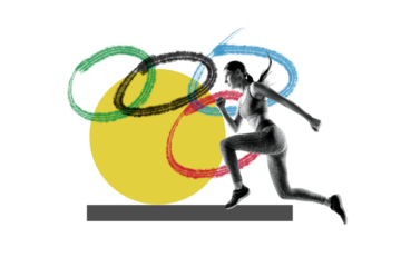 Collage 3d image of pinup pop retro sketch of young female running fast olympic games sport event concept bizarre unusual fantasy billboard