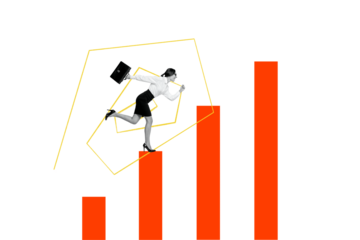 Creative picture collage young woman run overcome obstacles columns reach goal career promotion achieve success improvement development