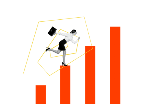 Creative picture collage young woman run overcome obstacles columns reach goal career promotion achieve success improvement development