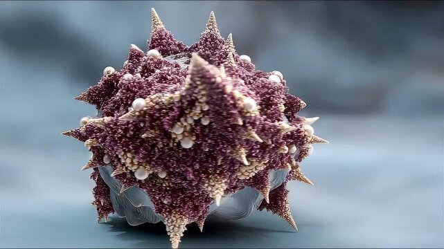 Spiky marine shell resting on a smooth surface with intricate textures and natural patterns captured in soft studio lighting