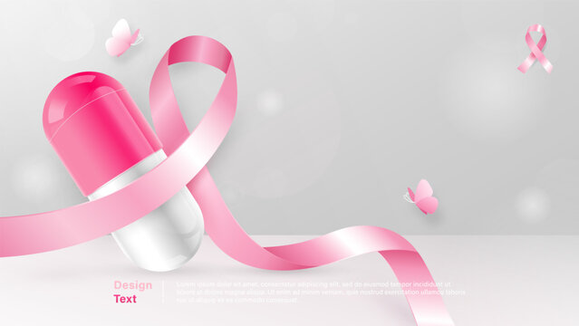 Breast cancer awareness cover design in gray background with pink ribbon symbol and copy space for text
