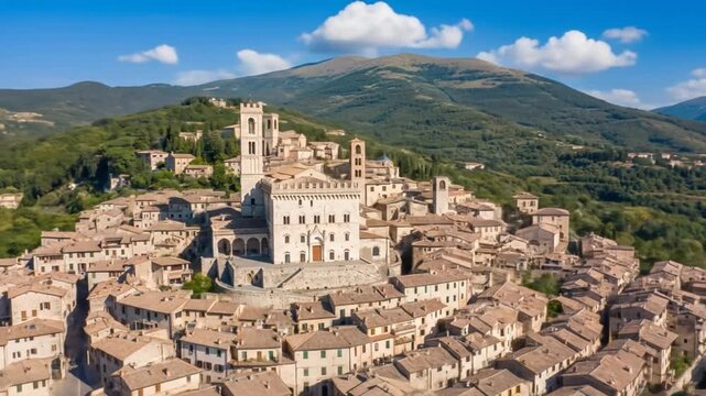 Aerial view of the medieval architecture in Gubbio, featuring the Palazzo dei Consoli and surrounding buildings nestled against a backdrop of lush green hills, Gubbio, Perugia Province, Italy