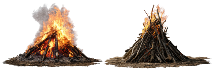 Two bonfires, one ablaze with smoke, another burning embers only