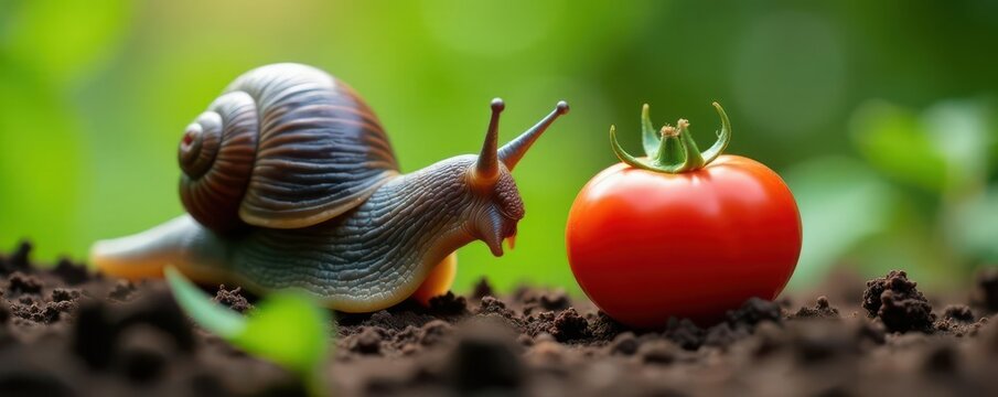 Large grey slug consuming juicy tomato; garden setting, vegetable, nature, soil