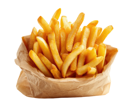 Golden-brown, crispy potato strips spilling from a brown paper bag against a black background