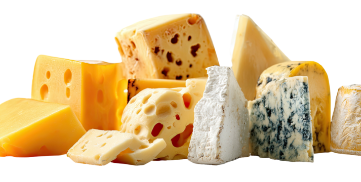 Assortment of various cheeses on a transparent background; food photography