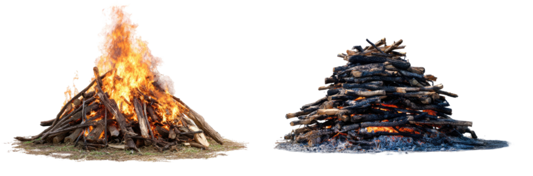Burning logs and charred remains on a black background. One pile is blazing, the other is smoldering