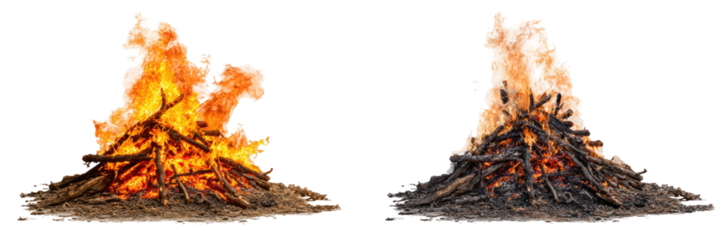 Two images side by side of campfires; one in full flame and one after burning