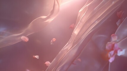 Delicate pink fabric and petals in soft breeze. Artificial intelligence image