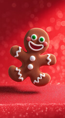 Naklejka premium Cute gingerbread man cookie with icing details on a festive red background. 