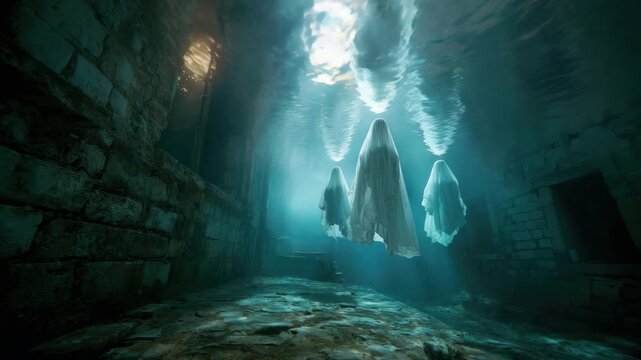 spooky ghosts floats under water at night animation