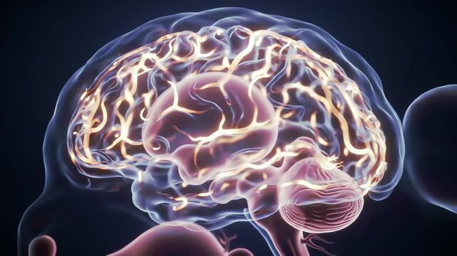Cross section view of a human brain with glowing neural networks