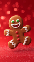 Fototapeta premium Cute gingerbread man cookie with icing details on a festive red background. 