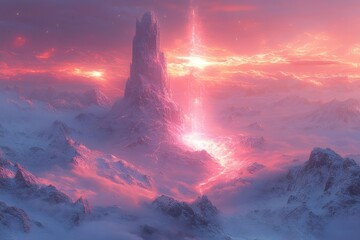 Tower standing tall in the center of a majestic mountain.