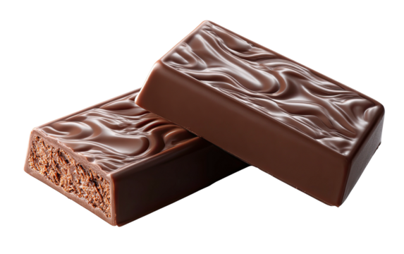 Two rectangular chocolate candy pieces isolated on black. One features texture