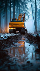 Yellow excavator working in a muddy forest construction site during cold weather.  
