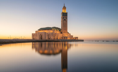 Obraz premium Hassan II Mosque with its minaret towering over the rough waters of the Atlantic Ocean in Casablanca, Morocco, at dusk 