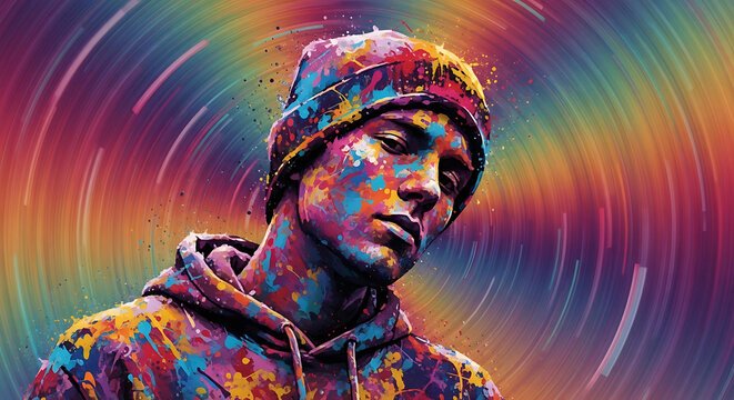 Man in beanie and hoodie covered in colorful paint with rainbow swirl background art portrait - Powered by Adobe