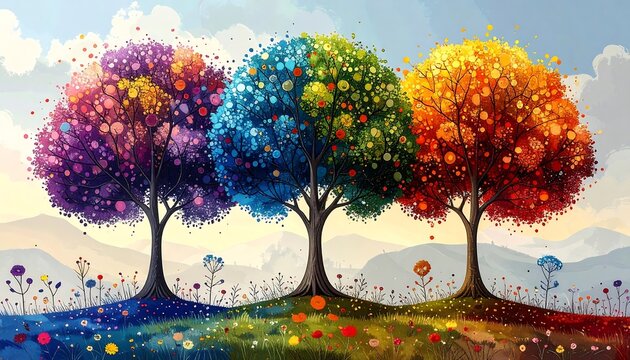 Three vibrant, colorful trees stand on a hilltop meadow, bathed in sunlight. The trees' foliage is a spectrum of rainbow hues. Soft clouds and distant mountains form a peaceful backdrop