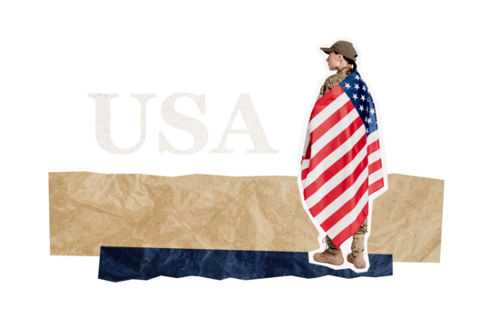 Composite collage image of brave soldier girl flag national independence america day fourth july concept bizarre unusual fantasy billboard - Powered by Adobe