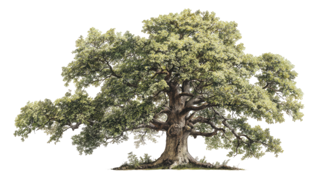 A majestic mature tree, vast and leafy, stands isolated on a pure black background