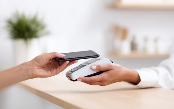 Woman's hand using smartphone to make contactless payment at counter in modern retail environment
