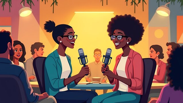 Stylish illustration of a live podcast with two diverse hosts, cozy studio, and engaged audience. Perfect for websites, event posters, social media, articles, and creative media projects.