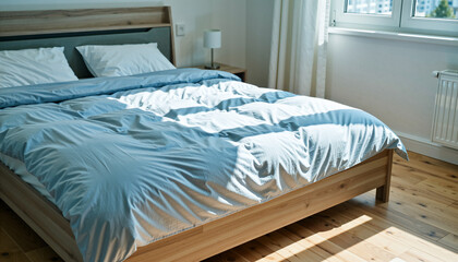 King-size bed with blue duvet and natural wood frame in sunlit bedroom
