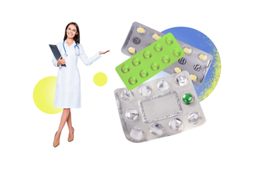 Composite photo collage of happy girl doctor hold clipboard show new covid illness treatment pills blister isolated on painted background